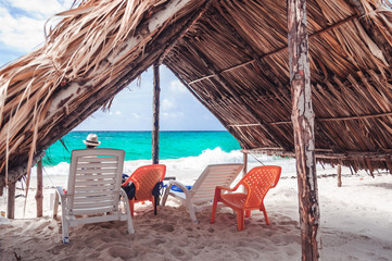 View on hut on paradies beach of Playa Blanca on Island Baru by Cartagena in Colombia