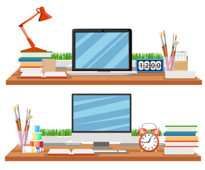 Workplace in office with desk, shelves, electronics, books. Modern Desk with computer set documents and stationery is Workplace use for web template banner and presentations ,flat computer