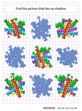 Halloween Themed Visual Puzzle Or Picture Riddle With Candy And Frogs: Find The Picture That Has No Shadow. Answer Included.
