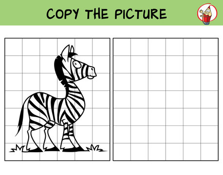 Funny little zebra. Copy the picture. Coloring book. Educational game for children. Cartoon vector illustration
