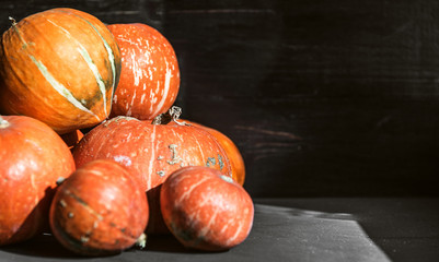 ripe pumpkins on a wooden floor. preparation for halloween
