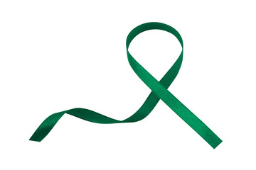 Green ribbon isolated on a white background. Awareness of health and safety issues. Liver Cancer Awareness Month. Jade ribbon.