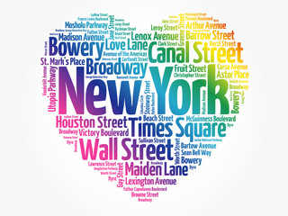 List of streets in New York City composed in love sign heart shape, word cloud collage, business and travel concept background