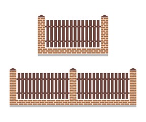 brick fence with wooden boards. vector isolated flat illustration