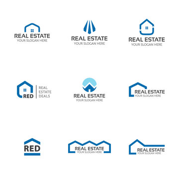 Set of real estate logo templates. House, buildings, skyline creative abstract shapes for logo design.