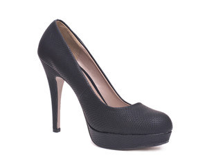 Black elegant high heel female shoes isolated on white background.