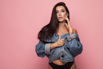 Sexy Brunette In Jeans Jacket Sexy Ass Nude Sexy Girl Isolated On Pink Background Sexy Brunette In Jeans Jacket Sexy Ass Nude Sexy Girl Isolated On Pink Background