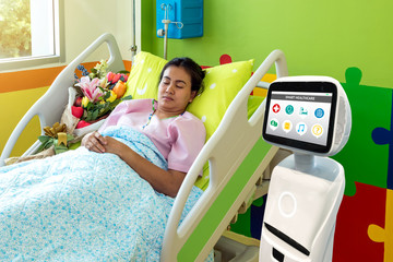 Robotic advisor service technology in healthcare smart hospital , artificial intelligence concept. Robot in patient room.