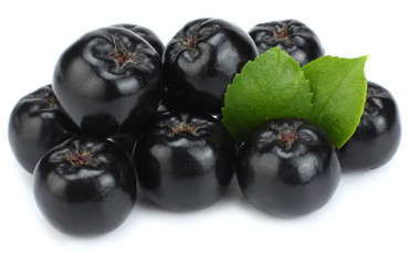 Chokeberry with leaf isolated on white background. Black aronia