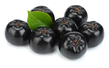 Chokeberry with leaf isolated on white background. Black aronia