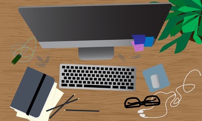 Office desk workplace with computer, papers, clips, pendrive, glasses and pencils on wooden table. Top view. Freelancers desk concept illustration vector.