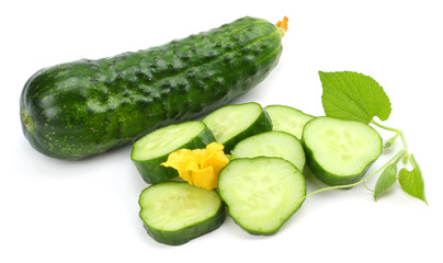 cucumber with sliced cucumber and leaf isolated on white background