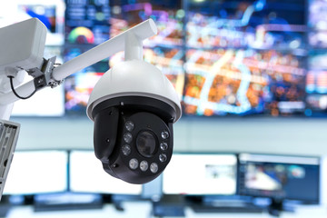 Smart city technology concept. Security camera for monitoring everything in city with control...