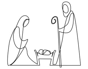 Nativity scene with Holy Family one line drawing © czibo