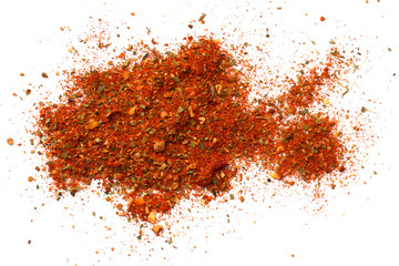 Mixed spices isolated on white background. Garlic fennel carrots basil celery, parsley, marjoram, onion. top view