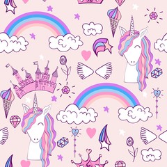 Magic cute unicorn with magic elements. Vector seamless pattern