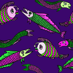 Funny pink and green Lophius piscatorius (angler), pike, eel fishes, hand drawn doodle, sketch in naïve, pop art style, seamless pattern design on dark blue background