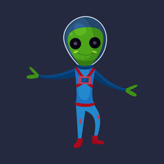 Smiling green alien with big eyes wearing blue space suit, alien positive character cartoon vector Illustration