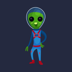 Friendly green alien with big eyes wearing blue space suit, alien positive character cartoon vector Illustration