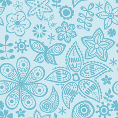 Vector flower pattern. Black and white seamless botanic texture, detailed flowers illustrations. All elements are not cropped and hidden under mask. Doodle style, spring floral background