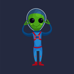 Smiling green alien with big eyes wearing blue space suit standing with his arms raised, alien positive character cartoon vector Illustration