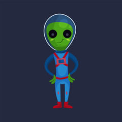 Friendly smiling green alien with big eyes wearing blue space suit, alien positive character cartoon vector Illustration