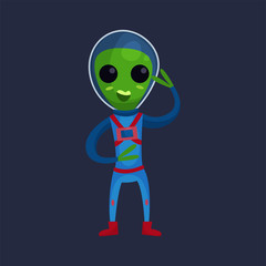 Friendly smiling green alien with big eyes wearing blue space suit waving his hand, alien positive character cartoon vector Illustration
