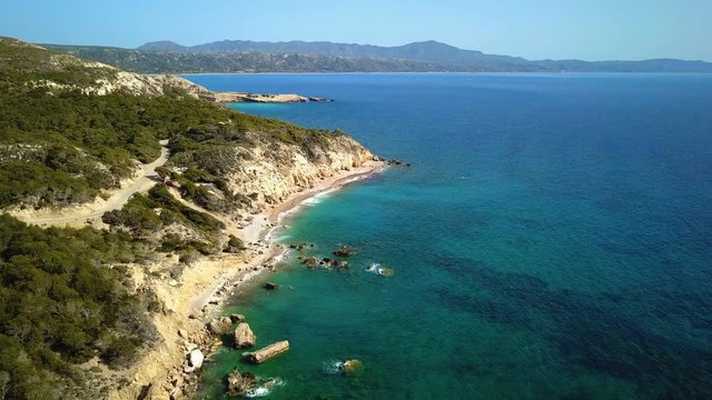 September 2017: Aerial View of Fourni Beach, Rodos island, Aegean, Greece