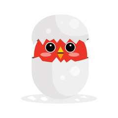 Cute newborn red bird character, funny nestling in egg cartoon vector Illustration