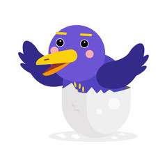 Cute newborn blue bird character, funny chick in egg cartoon vector Illustration