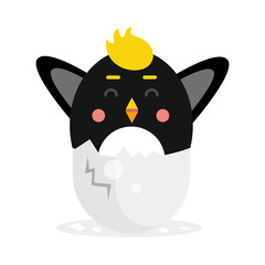 Cute newborn black bird character, funny nesting in egg shell cartoon vector Illustration