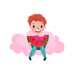 Cute little boy sitting on a pink cloud and eating watermelon, kid fantasizes and dreams cartoon vector Illustration