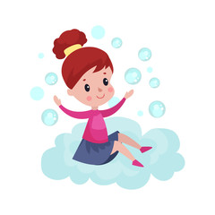 Sweet little girl sitting on a cloud and playing with soap bubbles, kid fantasizes and dreams cartoon vector Illustration