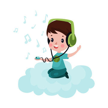 Cute little boy sitting on a cloud and listening to music, kid fantasizes and dreams cartoon vector Illustration