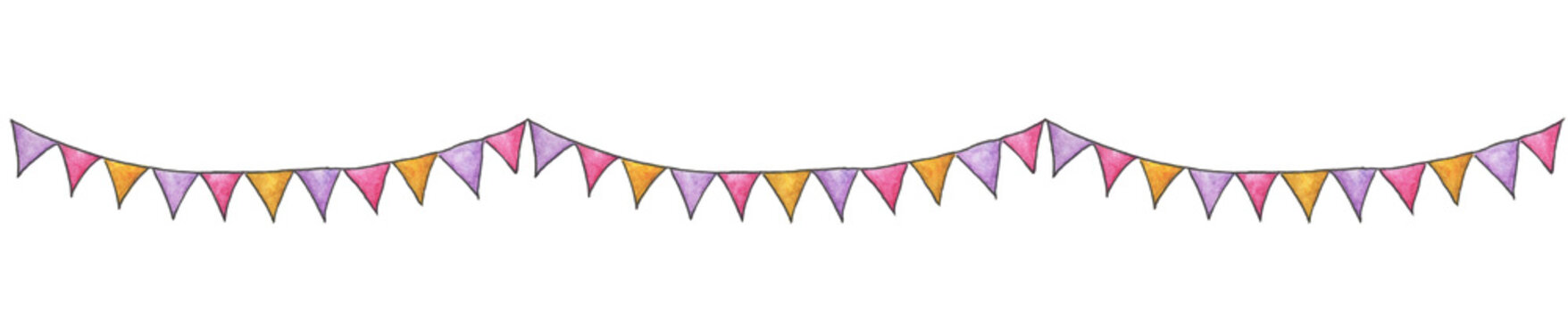 Colorful party bunting flag watercolor drawing isolated on white background, carnival garlands of flags, Holiday greeting card background.