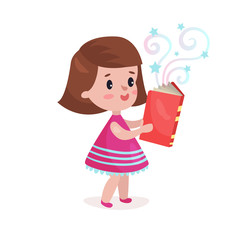 Sweet beautiful little girl standing and reading fairytale book, kids imagination concept colorful cartoon vector Illustration