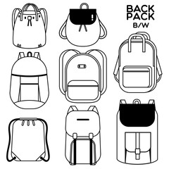 BACK PACK BW
Many style of popular backpack are illustrated to show the variety of backpack.