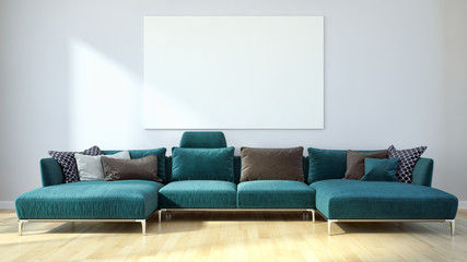 Modern bright living room, white wall. 3D rendering