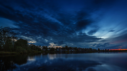 The sky at sunset reflected in the water of the lake.