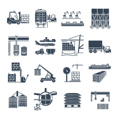 set of black icons air, sea, rail freight terminal, storage