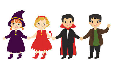 Obraz premium happy boys and girls wearing Halloween costumes and holding hands, cartoon vector for Halloween.