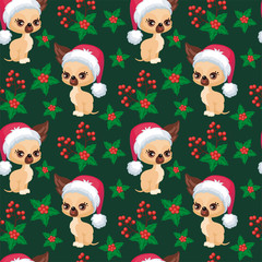 Christmas seamless pattern with the image of little cute puppies in the hat of Santa Claus. Children's vector background.