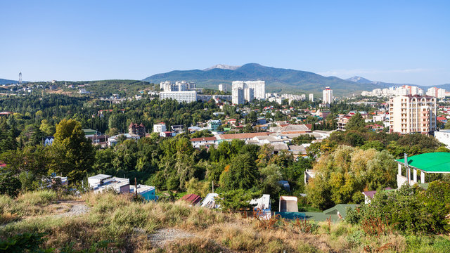 panorama of Alushta city in sunny morning