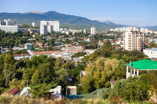 Alushta city skyline in sunny morning