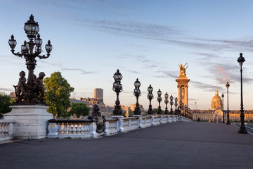 Empty Alexander III bridge in Paris in the early morning, France