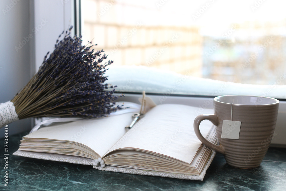 Canvas Prints vintage notebook on green marble windowsill opened with blank pages and lavender