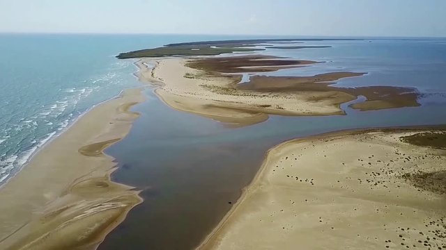 Sacalin Island, narrow strip of land separating the Danube Delta wetland region from the Black Sea in Romania, wildlife refuge, aerial view