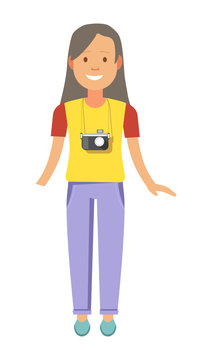 Girl with long hair and camera that hangs on neck