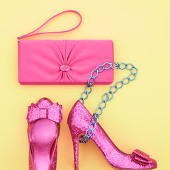 Fashion. Clothes Accessories fashion Set. Stylish woman Handbag clutch Glamor Trendy Heels. Summer fashion Outfit, accessories. Luxury Party Essentials, Overhead, Top view. Fashion shoes. Art Minimal