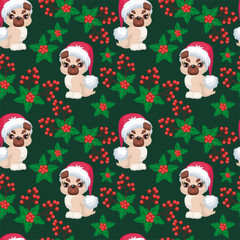 Christmas seamless pattern with the image of little cute puppies in the hat of Santa Claus. Children's vector background.